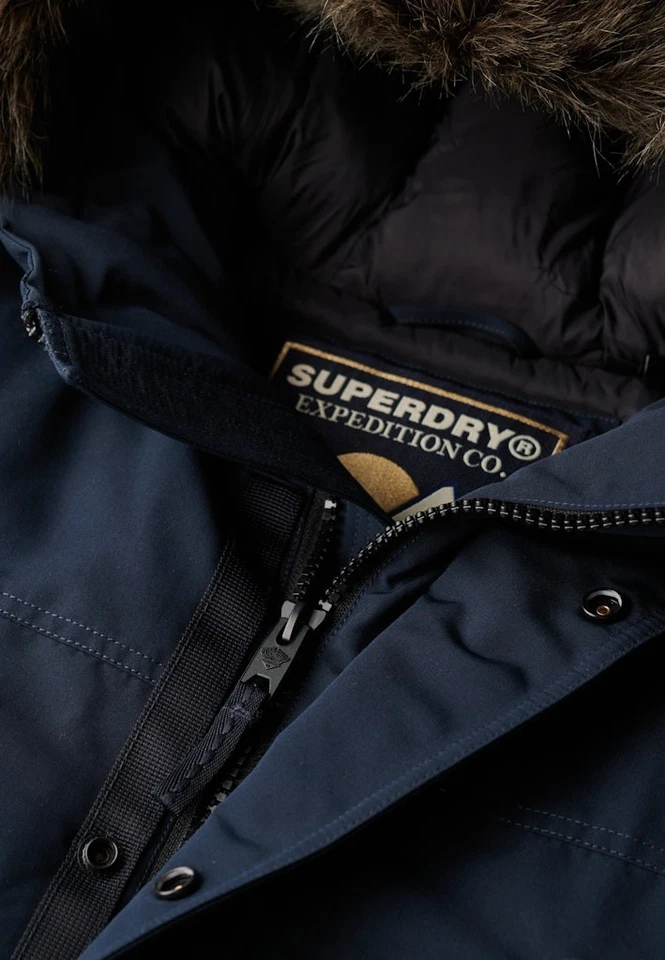 Superdry Parka Jacket Hooded Padded Winter Coat Faux Fur Hood Everest Blue Navy - Image 3 of 4
