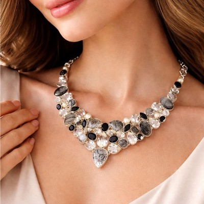 Black Rutilated Quartz 925 Sterling Silver Necklace Black Onyx Pearl Quartz Gems