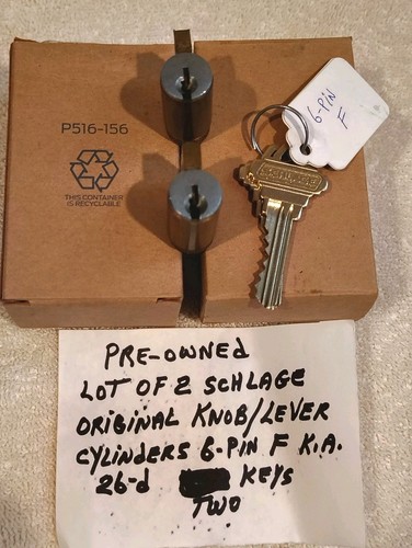Two Original Schlage Knob/Lever Cylinders 6Pin F 26d Pre-owned K.A. With 2 Keys