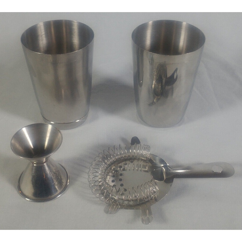 4 Piece Cocktail Shaker Kit Stainless Steel Set w/ Strainer & Jigger