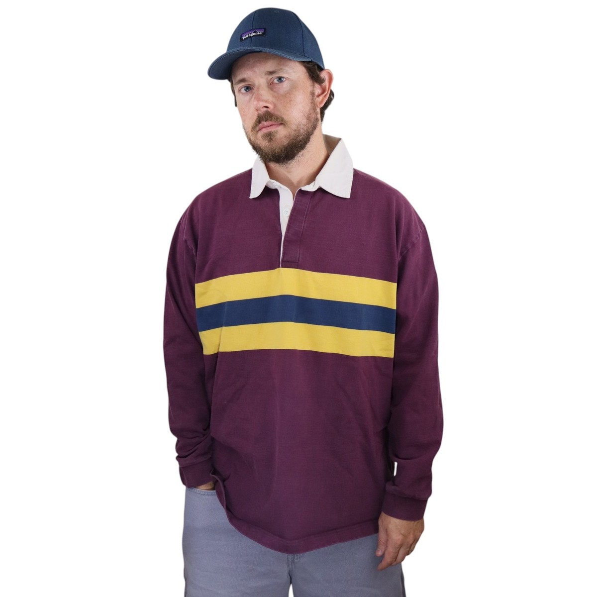 Vtg Patagonia Sender Rugby Polo Shirt Mens L Purple Yellow Striped Long  Sleeve