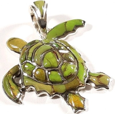 925 STERLING SILVER LUCKY TURTLE GREEN TURQUOISE 1 3/8'' x 1 1/4'' PENDANT 6.02g