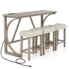 4-Piece Bar Table Set with Power Outlet Counter Height Bistro Table and Stools