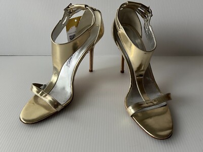 Manolo Blahnik Gold Patent Leather Strappy Open Toe Heels, Sz 37.5 (IT) 7.5 (US)