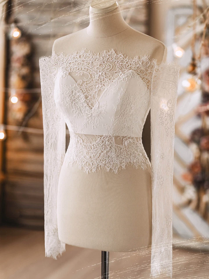 Vestido de Boda Topper Chaqueta Novia Accesorios Blanco Marfil Encaje Mangas Largas Foto 3 de 4