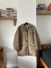 Vintage Nurseys Sheepskin Teddy Coat Beige Sherpa Leather Trim Women’s Size 36