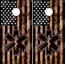 EMS Star of LIfe Burnt Wood Flag Cornhole Wrap Bag Toss Skin Decal Sticker Wraps