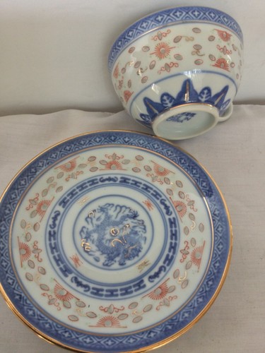 Vintage Chinese Tea Cup & Saucer Set Rice Blue White Linglong Dragon Multicolor - Picture 12 of 20