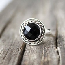 Sterling 925 Silver Solid Black Onyx Gemstone Faceted Handmade Round Shape Ring