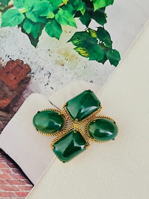 Christian Dior 1966 Vintage Four Dark Green Emerald Oval Rectangle Brooch, Gold