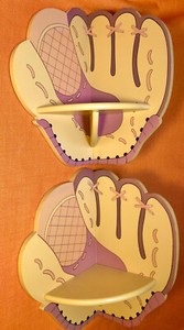 Pair of Brown Baseball Glove Themed CORNER SHELVES for Boys Or Girls Room