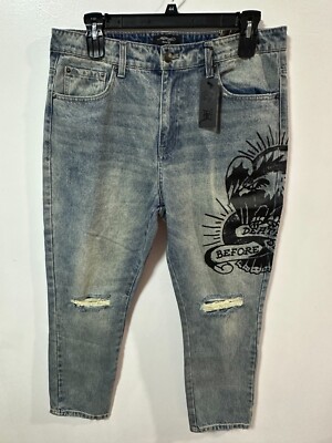 Ed Hardy Men's Size 36xL30 Light Vintage Blue Eagle Taper Jeans $175 NWT
