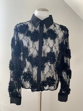 Women  s Zara Black Lace Floral Button Up Blouse Collared Long Sleeve Size Small
