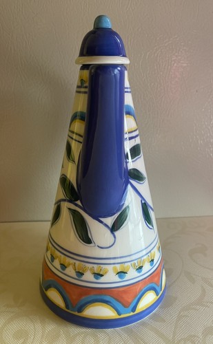 LIVING ART TEAPOT OIL BOTTLE MAJOLICA YELLOW, BLUE, GREEN. HAND PAINTED - Picture 7 of 12