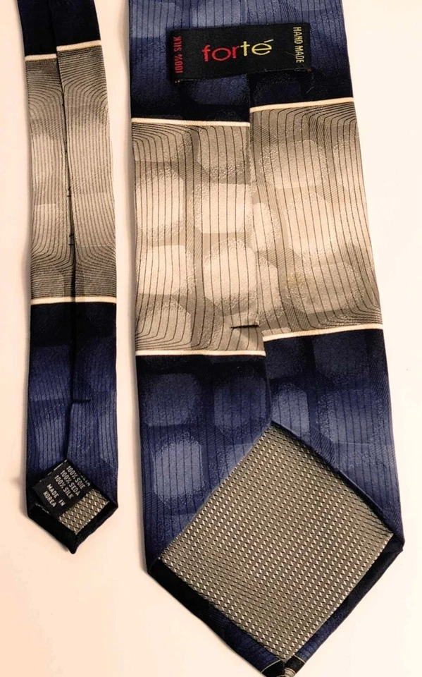 Corbata Forte hecha a mano 100 % seda para hombre azul gris patrón geométrico Foto 3 de 4