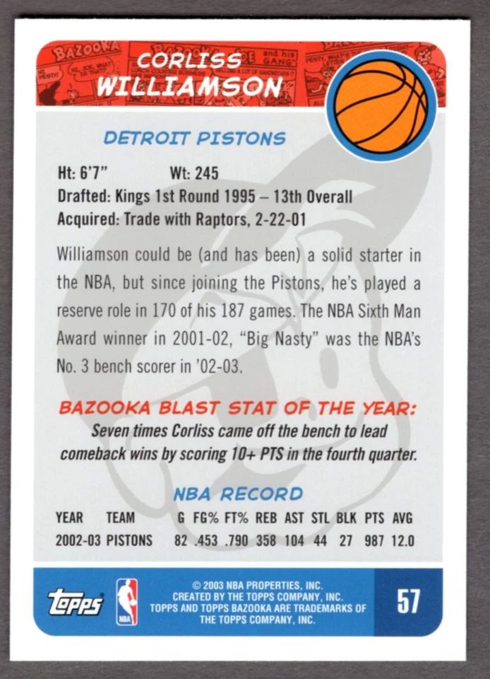 2003-04 BAZOOKA CORLISS WILLIAMSON CARD #57 **NM-MT** DETROIT PISTONS - Image 2 of 2