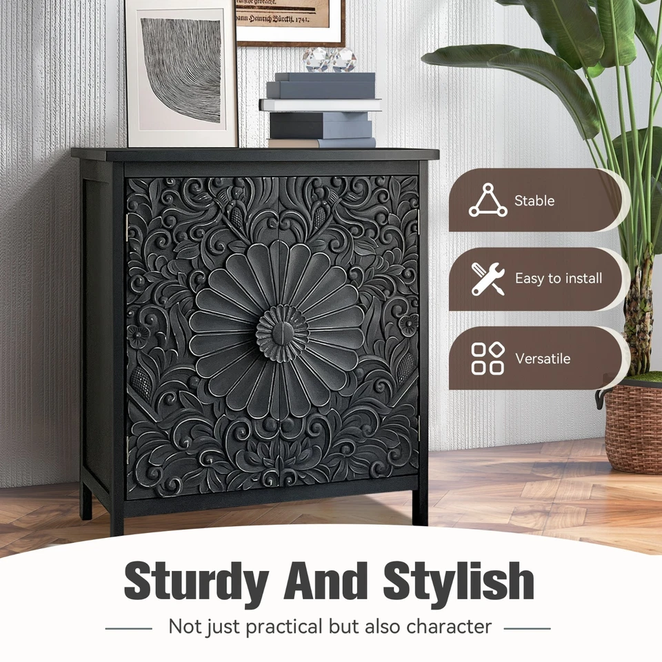 Aparador Buffet Vintage Almacenamiento 2 Puertas Negro Flor Talla Almacenamiento Envejecido Foto 3 de 4