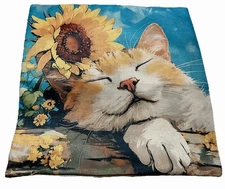 Kitty Cat Sunflower Floral Cat Design Linen Throw Pillow Cover Home Decor 18”