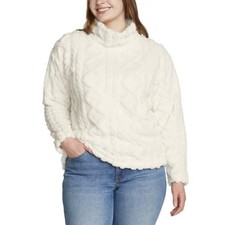 NWT Eddie Bauer Cable Fleece Pullover Mock Neck Sweater Ivory White XL