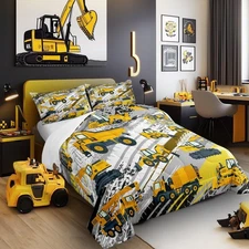 Boys Construction Comforter Set Truck Bedroom Decor for Kids Girls Under Cons...