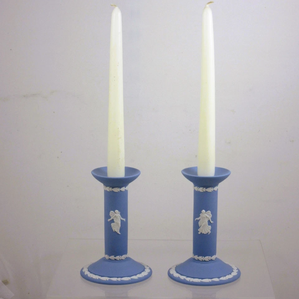 Wedgwood Blue Jasper Ware Dancing Hours Candle Sticks - 15 cm tall - Image 2 of 4