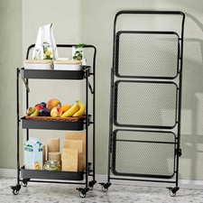 No Assembly Foldable Rolling Cart, 3 Tier Black Metal Folding Utility Cart wi...