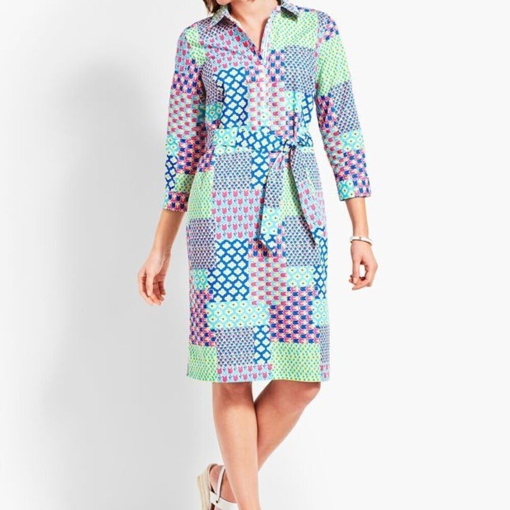 ✅ TALBOTS ISLAND PATCHWORK BELTED SHIRT DRESS SIZE 4 PINK/BLUE/YELLOW