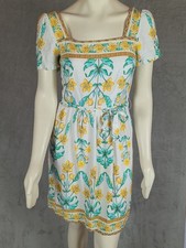 Draper James RSVP Mini Dress Yellow Floral Smocked Rayon Linen Square Neck Sz M