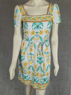 Draper James RSVP Mini Dress Yellow Floral Smocked Rayon Linen Square Neck Sz M
