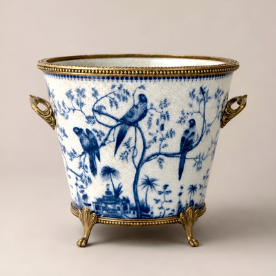 New Louis XV French Chinoiserie Porcelain Cachepot Planter with Bronze Ormolu 9''