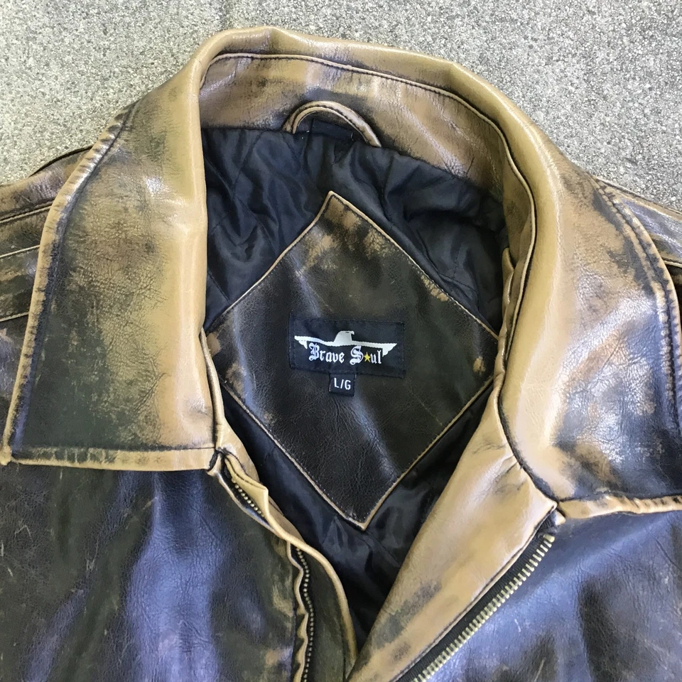 Jaqueta de couro masculina grande Brave Soul motocicleta marrom angústia pesada com zíper - Imagem 2 de 4