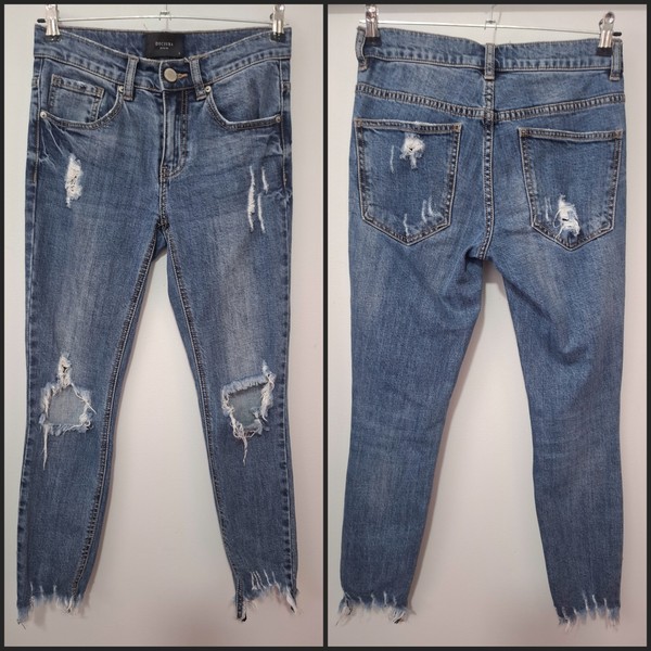 Decjuba Skinny Jeans Blue Distressed Ripped Mullet Hem Mid Rise Size 6