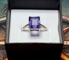 Sterling Silver Ring .925 Emerald Cut Purple Amethyst With 6 Cubic Zirconias