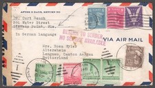 1942 Censored US to Switzerland NO Service Available Cover Return to Sender