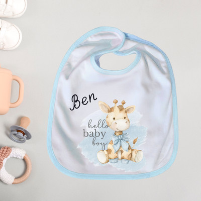 Babylätzchen Giraffe  Hello Baby Boy    personalisiert mit Name   Hellblau