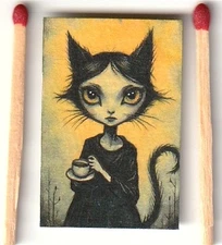 1x1.5 dollhouse 1:24 watercolor painting - cat kitten tea coffee fantasy surreal