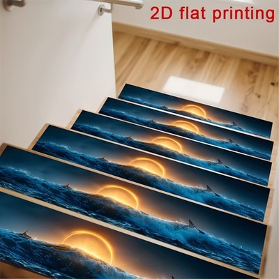 2D Printed Stair Mats with Ocean Wave Sunset Design, Non-Slip Step Mats, Prote
