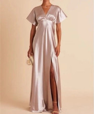 BIRDY GREY Jesse Dress Shiny Satin Taupe Size Large Bridesmaid Classic Slit