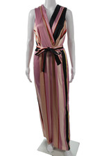 MNG Women Striped Black V-Neck Wrap Maxi Dress Tie Sleeveless Size L