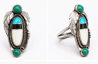 Navajo Large 925 Sterling silver MOP Turquoise Onyx Inlay Ring Size 8 10.5g