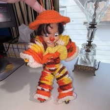 Handmade Yarn Clown Doll with Orange Hat and Bells