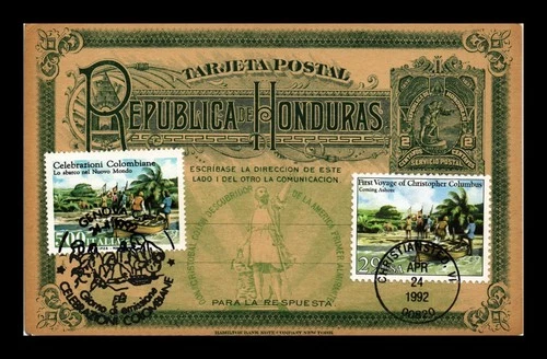 HONDURAS FIRST DAY POST CARD COVER CHRISTOPHER COLUMBUS DUAL POSTAGE US & ITALY