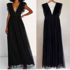 NWT Lulu’s Simply Delighted Black Mesh Ruffled Backless Maxi Dress Medium