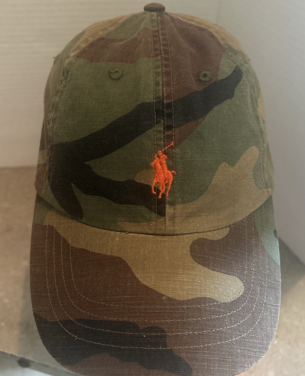 VINTAGE Polo Ralph Lauren Cappello Mimetico Cinghia Regolabile Polo Arancione Pony