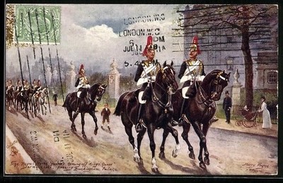 Künstler-AK Harry Payne: The Royal Horse Guards coming off King´s Guard 1911 
