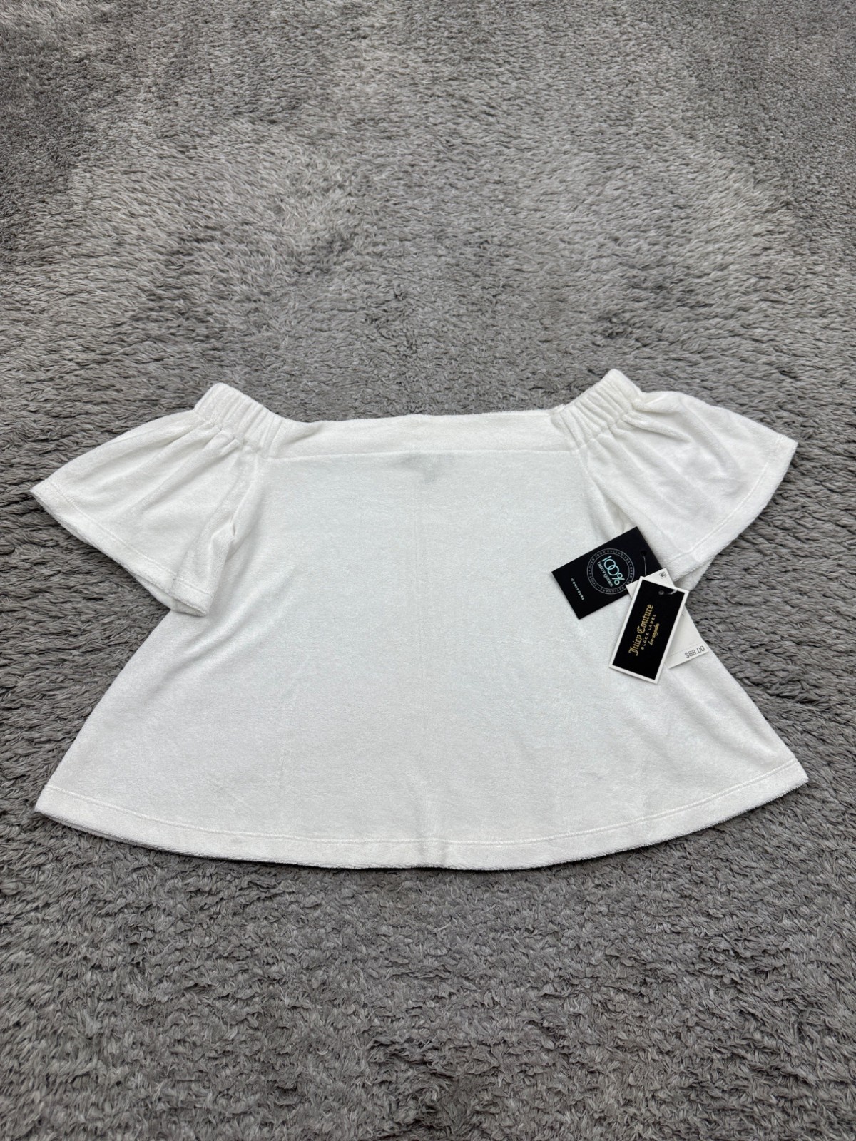 Juicy Couture Top Women Small White Terry Cloth Off Shoulder Black Label NWT