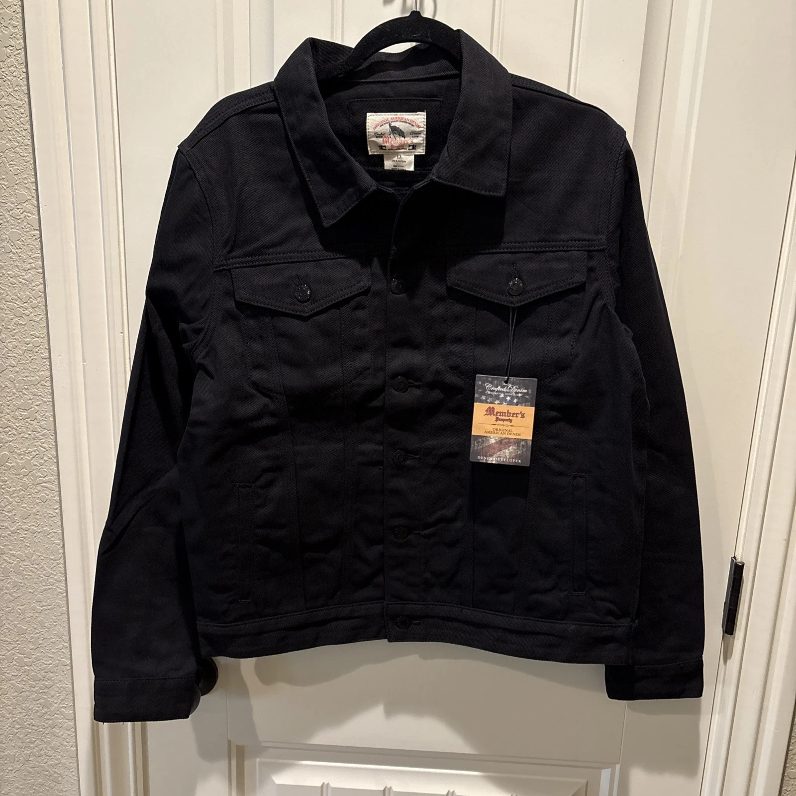 Members Property Men’s Medium Black Denim Jean Jacket 100% Cotton Button Up NWT
