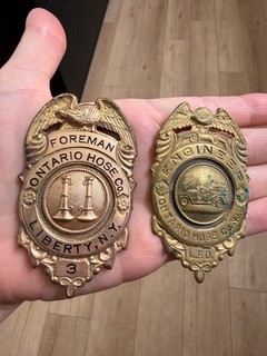 (2) Vintage Fireman's Badges Ontario Hose Co. Liberty N.Y.