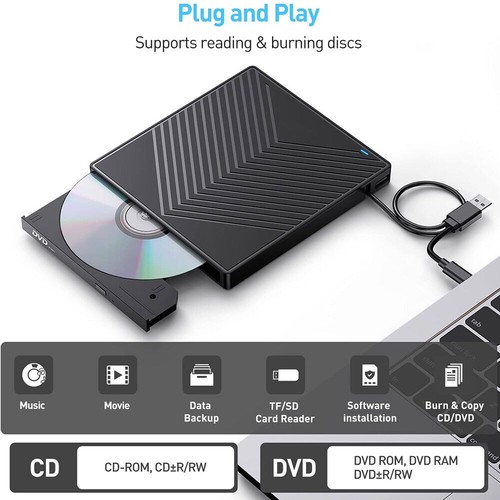 External CD DVD Drive USB 3.0 for PC Laptop Windows 11 10 Burner Reader Writer - Picture 3 of 17