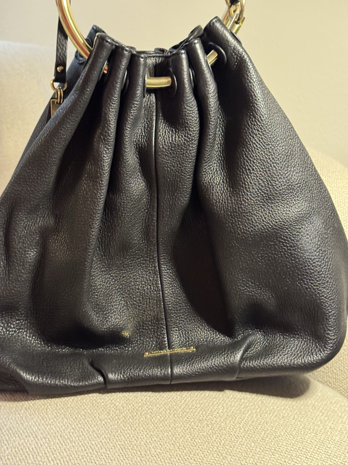Vince Camuto Black Pebbled Leather Drawstring Hobo Bucket Bag Gold Hardware